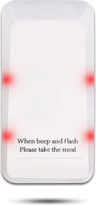 A white pager receiver with red lights on the sides and text at the bottom.
