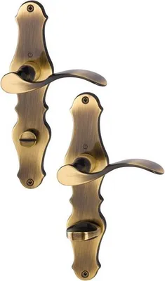 Two antique-style door handles with escutcheons are shown against a white background.