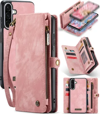 Produktbild von Schutzhülle für Samsung Galaxy A17 5G/4G, Vintage Multifunktions Lederhülle, Kartenfächer, Reißverschluss Hülle Pink