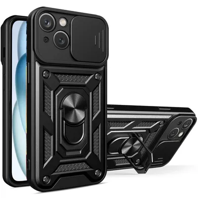 Obrázek produktu pro Pouzdro pro iPhone 15, TPU Nárazník Silikonové Pouzdro s Kroužkem Stojánek, Ochrana Kamery černé