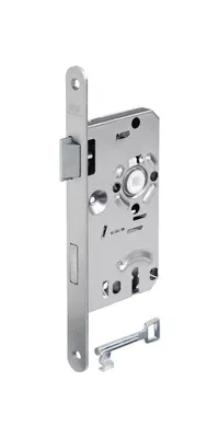 A silver-colored door lock mechanism and a silver key are displayed against a white background.