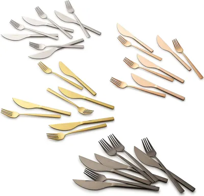 A collection of cutlery sets arranged in groups on a white background.
