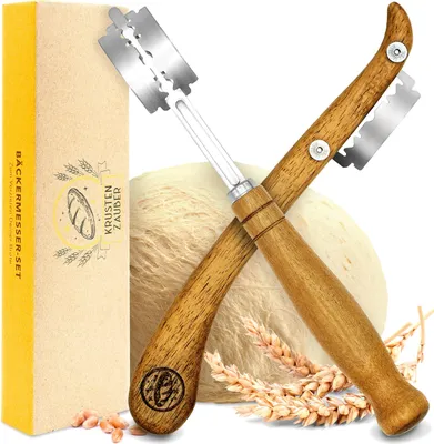Produktbild von KRUSTENZAUBER Bäckermesser 2er Set [inkl. 20 Rasierklingen] - Teigmesser Set für gerade und geschwungene Schnitte - Ideale Brotklinge, Bäckerklinge, Teigritzmesser Lame, Brot Backen Zubehör