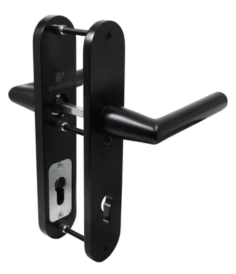 A black door handle set with a keyhole.