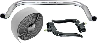 Produktbild von Orion Bullhorn Fixie Lenker Silber - 400mm, mit Bremshebel & grauem Lenkerband