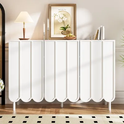 Image de Buffet - 120 x 35 x 80 cm, blanc - Portes ondulées et sans poignées - Étagères réglables et pieds réglables en hauteur