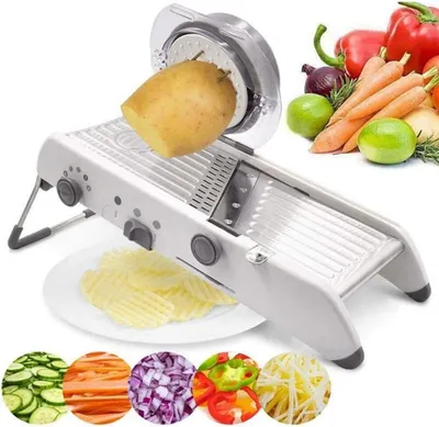 Produktbild von OKWISH Gemüseschneider manuell, Multischneider, Obst- und Gemüseschneider, mit Edelstahl Klingen und Auffangbehälter, Schneidegerät Küche