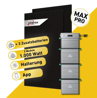 Produktbild von Balkonstrom Balkonkraftwerk 1000W mit Speicher |3xZusatzspeicher |Ziegeldachhalterung | 2xSolarmodul Bifazial | Zendure SolarFlow 800 Pro 2 |Kabel 10m
