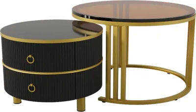 Image de Table basse ronde / table d'appoint - Table de salon - Verre + bois massif + MDF - Piètement en bois - Style moderne - Sans rangement - Noir