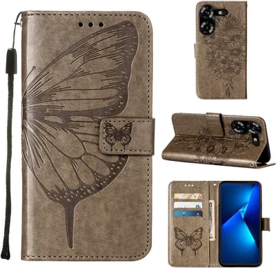 Produktbild von Lederhülle für Tecno Pova 5 LH7N Schmetterling Prägung Flip Ledertasche Kartenfächer Handyhülle mit Ständer Grau