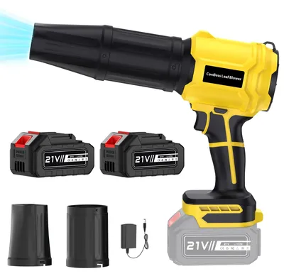 Obrázok produktu pre Akumulátorový fúkač – 600 W, bezuhlíkový motor, turbovýkon – rýchlosť vzduchu 50 m/s – fúkač na lístie a sneh – s 2 batériami – žltý