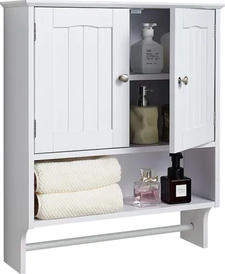 Immagine prodotto di Armadietto da parete per il bagno - Armadietto per medicinali Armadietto da parete - 2 ante - Ripiani regolabili - Scomparto aperto - Porta asciugamani - Per bagno, cucina e lavanderia
