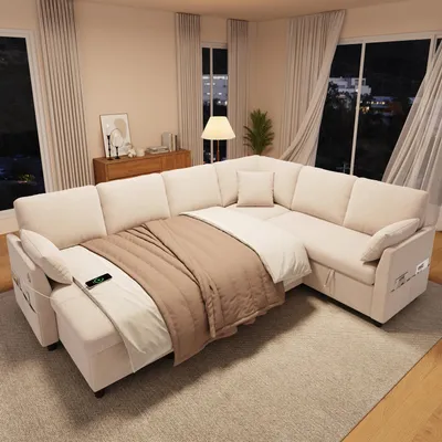 Image de Canapé d'angle Merax avec fonction convertible, canapé 6 places avec chaise longue, espace de rangement, port USB Type-C, poches latérales, 3 coussins, canapé convertible, canapé-lit, beige