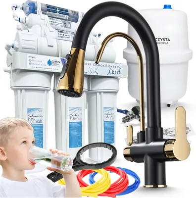 Immagine prodotto di Rubinetto da cucina a 3 vie Ari Nordic con doppia uscita per acqua filtrata, beccuccio girevole, nero e oro