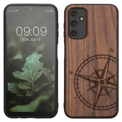 Produktbild von kwmobile Handyhülle für Samsung Galaxy A14 5G Hülle Holz - Case mit TPU Bumper - Stoßfestes Hardcase - Schutzhülle Cover in Dunkelbraun