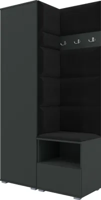 A dark gray corner wardrobe with a built-in bench and coat hooks.