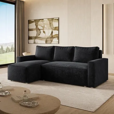 Produktbild von Masseno Ecksofa POTARO LM mit Schlaffunktion L-Form, Sofa mit Bettkasten, Wohnzimmersofa, Couch, Soffa, Bettsofa, Couchgarnitur- Schwarz, LUMO 80