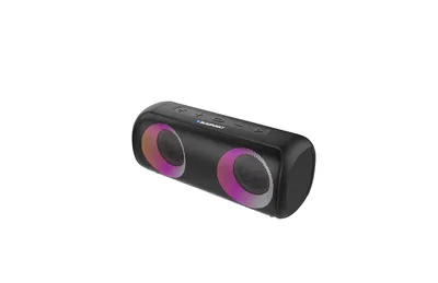 A black portable Bluetooth speaker with LED lighting.