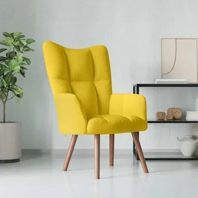 Produktbild von Senfgelber Relaxsessel mit Samtbezug und Stahlrahmen, 61,5 x 69 x 95,5 cm, bequemer Polsterstuhl mit Holzbeinen im modernen Design für Wohnzimmer, Schlafzimmer und Homeoffice