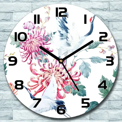 Produktbild von Wanduhr aus Glas Rund fi 30 Kraniche und Blumen Quarz Deko Schlafzimmer Büro