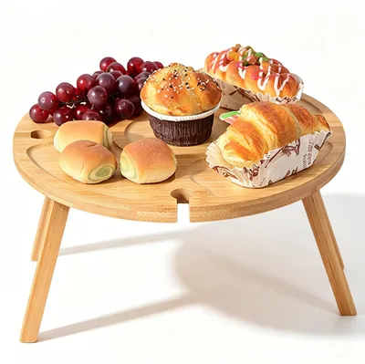 Imagen del producto de Mesa plegable para picnic, de madera, 30 x 30 x 16 cm, con soporte para copas de vino, portátil, ideal para el jardín