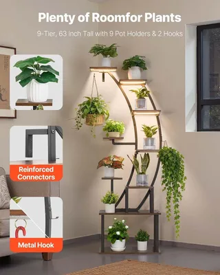 Productafbeelding van Plantenstandaard voor binnen met groeilampen, 160 cm hoog, 9-laags plantenrek met verlichting, metalen plantenhouder voor hoeken, met 3 timers en 10 helderheidsniveaus, boogvormige bloemenstandaard voor decoratie in de woonkamer of op het balkon