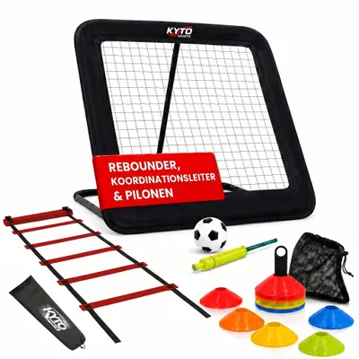 Produktbild von Kyto Sports Fußball Trainingsset 3-teilig – Rebounder 100x100 cm, 50 Markierungshütchen & Koordinationsleiter 6 m – Techniktraining, Agility, Schnelligkeit, Footwork & Ausdauer