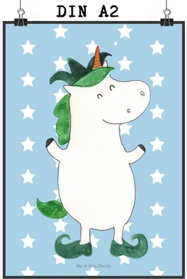 Produktbild von Mr. & Mrs. Panda Bild Einhorn Joker DIN A2 - Blau Pastell - Geschenk, Unicorn, Posterdruck, Plakat, wanddeko, Kunstdruck, Einhörner, Mittelalter, drucke, Kasper, Gaukler