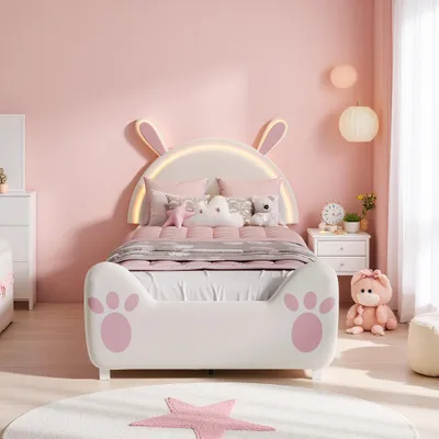 Produktbild von INONEFT Kinderbett 90x200 cm mit LED Beleuchtung, Mädchen Polsterbett mit Lattenrost, Hasen-Design Einzelbetten, ohne Matratze, Samt, Weiß