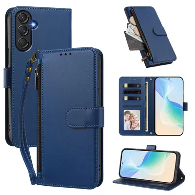 Image de Étui portefeuille pour Samsung Galaxy M55, en cuir PU, avec compartiments pour cartes, support et dragonne. Couleur : bleu foncé