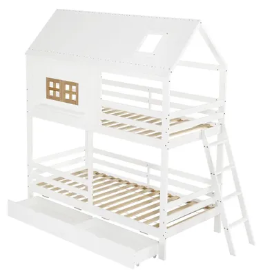 Image de Lit superposé pour enfants - Lit superposé - 90 x 200 cm - Bois massif et MDF - Toit et fenêtre - Échelle - 2 grands tiroirs - Blanc/Naturel