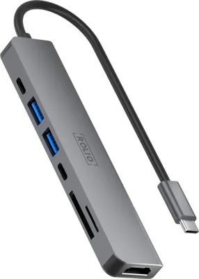 Produktbild von Rolio USB C Hub, 4K HDMI, SD&TF Kartenleser, 2x USB 3.0, 2x USB-C, USB-C Ladefunktion, Universal, für Macbook Pro / Air / iPad Pro / iPhone / Galaxy / HP / Dell / Lenovo