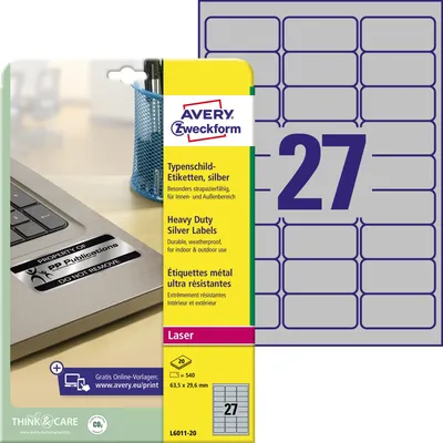 Obrázok produktu pre Avery Heavy Duty Laser Labels L6011 - Polyesterové štítky - strieborné - 29,6 x 63,5 mm 540 ks (20 listov x 27) (L6011-20)