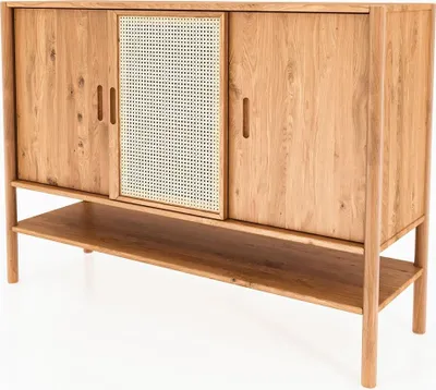 Produktbild von Kommode Zola Wildeiche massiv mit Rattan 142x101 cm mit 3 Schiebetüren