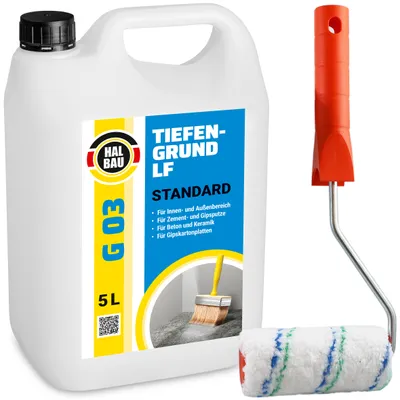 Produktbild von Tiefengrund 5L Tiefgrund LF Farben Tapeten Putz Gips Primer G03 +Farbroller 10cm