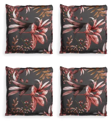 Produktbild von Hockerauflagen - 50 x 50 cm - Anthrazit - Rot - Blütenmuster - 4er Set