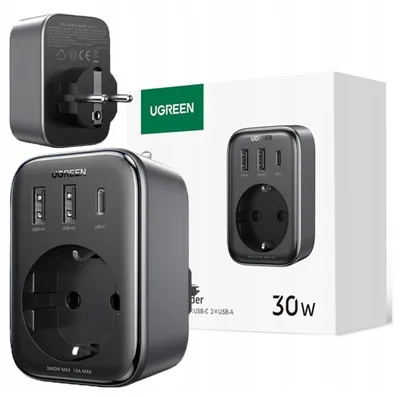 Produktbild von Ugreen Power Charger 30W (2Xusb/Usb C/Ac)/ Eu - Eu 13A Adapter - Schwarz