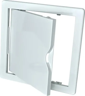 A white plastic inspection door with a hinged flap is shown against a white background. The flap is partially open, revealing the interior mechanism.