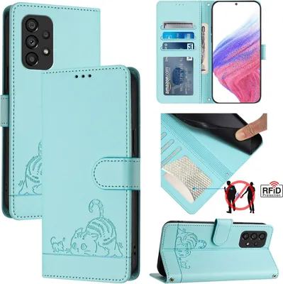Produktbild von Leder Hülle für Samsung Galaxy A53 5G Süße Katze Flip Case Brieftasche Schutzhülle mit Standfunktion hellgrün