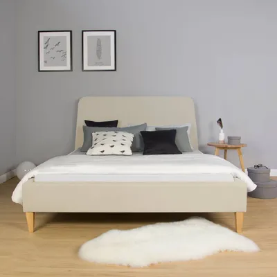 Image de Homestyle4u Lit rembourré 140x200 avec sommier à lattes Beige Crème Lit double en tissu Lit