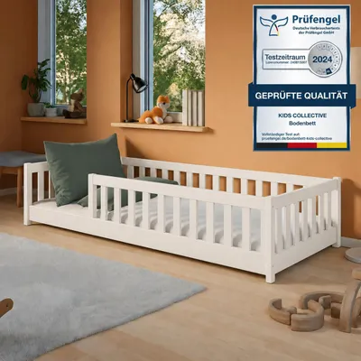 Produktbild von Kinderbett Bodenbett 90x190 cm mit Rausfallschutz & Lattenrost Montessori Bett Bed Gitterbett Kinder Jugendbett Einzelbett | Baumwolle
