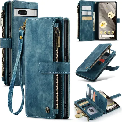 Image de Google Pixel 7A Housse, clapet en cuir zip stand fonction de protection pour Google Pixel 7A bleu