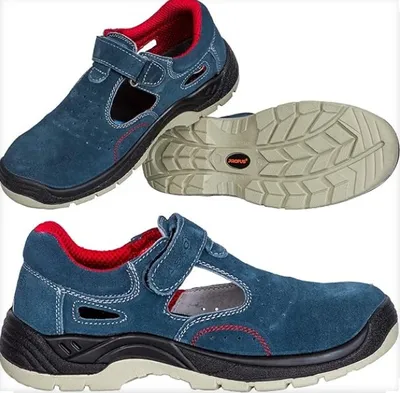 A collage of three views of a blue work sandal with red trim.