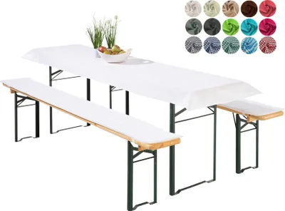 Produktbild von heimtexland ® Bierzeltgarnitur Auflagen Set 3-teilig Tischdecke Bierbank Polster Sitzkissen Tischdeko Typ698 Weiß für Tischmaß 50x220 cm