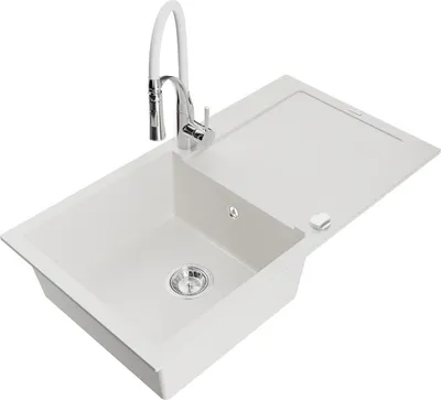 Produktbild von Mexen Leo 1 Becken-Granitspüle mit Abtropffläche und Mischbatterie Aster, Weiß - 6501-20-73450-02