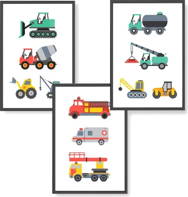 Produktbild von Himmelzucker Premium Wandbilder 3er set für Kinderzimmer Babyzimmer Poster DIN A4 Kinder Kinderposter Junge Mädchen Dekoration Bilder Autos Fahrzeuge Feuerwehrauto (Fahrzeuge)(A4 ohne Rahmen)