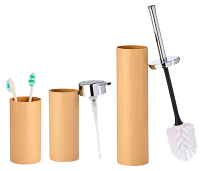 Immagine prodotto di Elzusha - Set da bagno in 3 pezzi, color beige - Dispenser per sapone, portabicchieri e portascopino