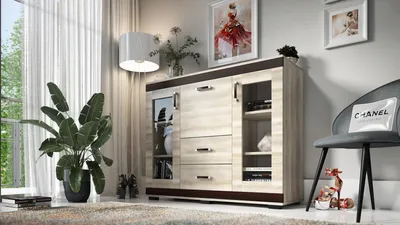 Produktbild von Kombikommode P27, 2 Vitrinentüren, 2 Schubkästen, Barschrank, B130xH106xT43 cm, komplett vormontiert - Canyon Eiche