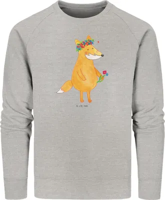 Produktbild von Mr. & Mrs. Panda Rundhals Pullover Fuchs Blumen Größe XS - Heather Grey - Geschenk, Mich, Pulli, Liebe, Sweater, Sweatshirt, Füchse, Blumenliebe, Boho, Bio Baumwoll