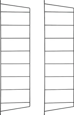 Two identical black metal shelf brackets with multiple horizontal shelves are shown against a white background.